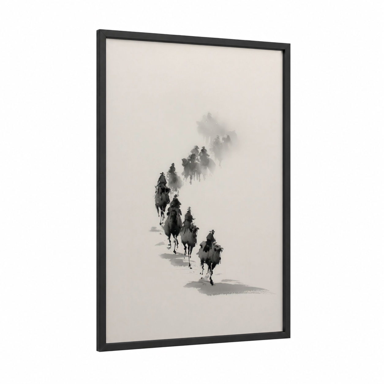 Desert Caravan framed camel print — black wood frame — black and white and gray palette
