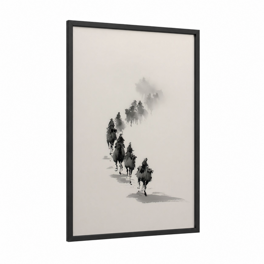 Desert Caravan framed camel print — black wood frame — black and white and gray palette