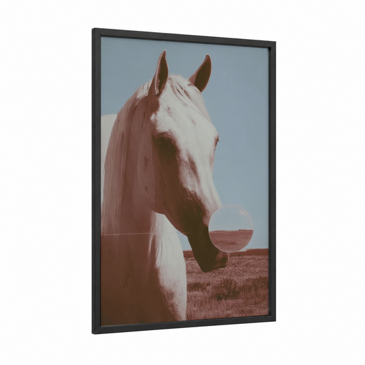 Desert Arabian framed arabian horse print — black wood frame — salmon pink and cream palette