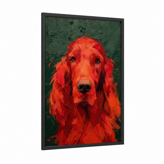 Crimson Setter Portrait framed art print — black wood frame — red and dark green palette