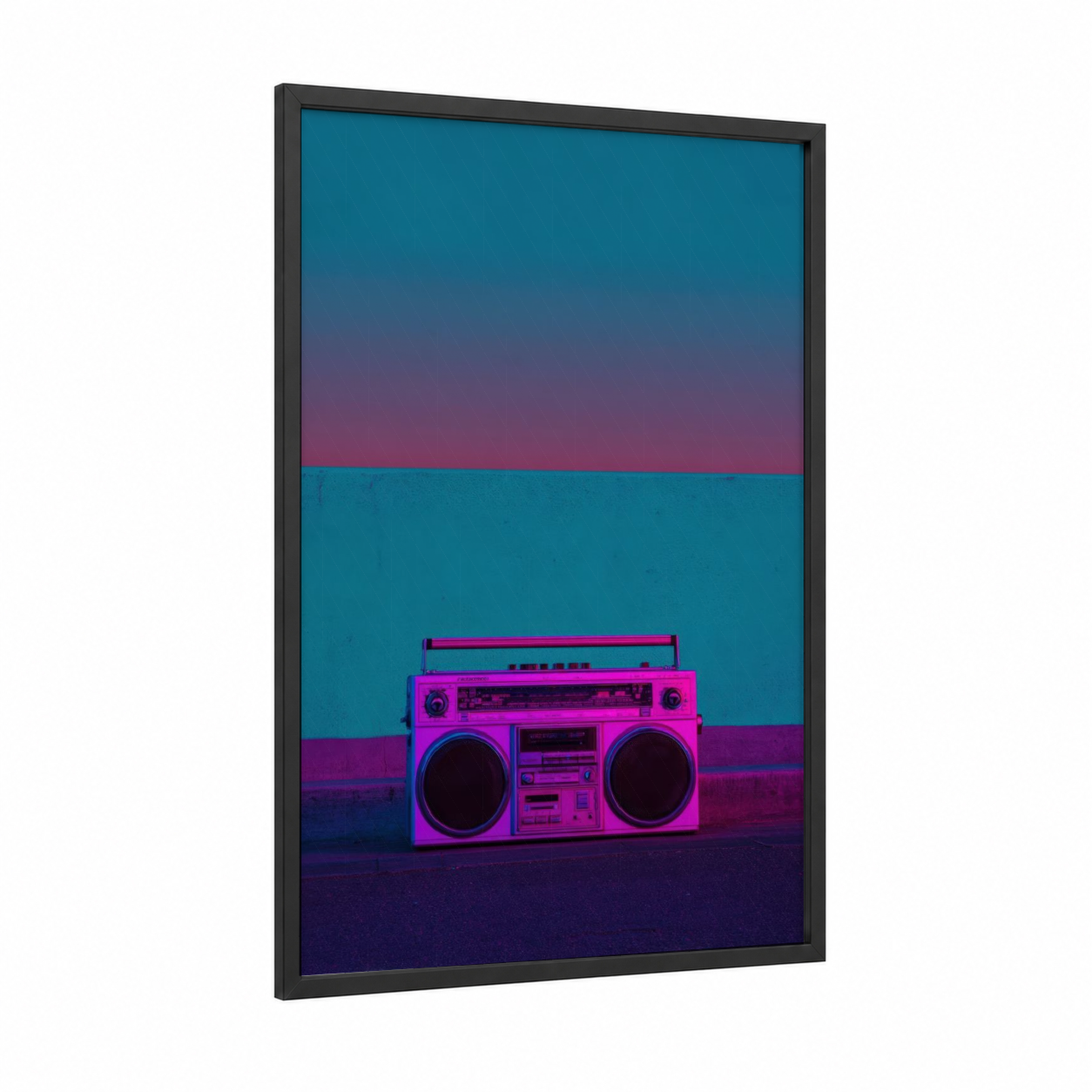 Neon Boombox framed art print — black wood frame — magenta and teal palette