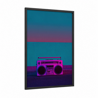 Neon Boombox framed art print — black wood frame — magenta and teal palette