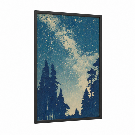 Starlit Forest framed milky way print — black wood frame — dark blue and cream palette