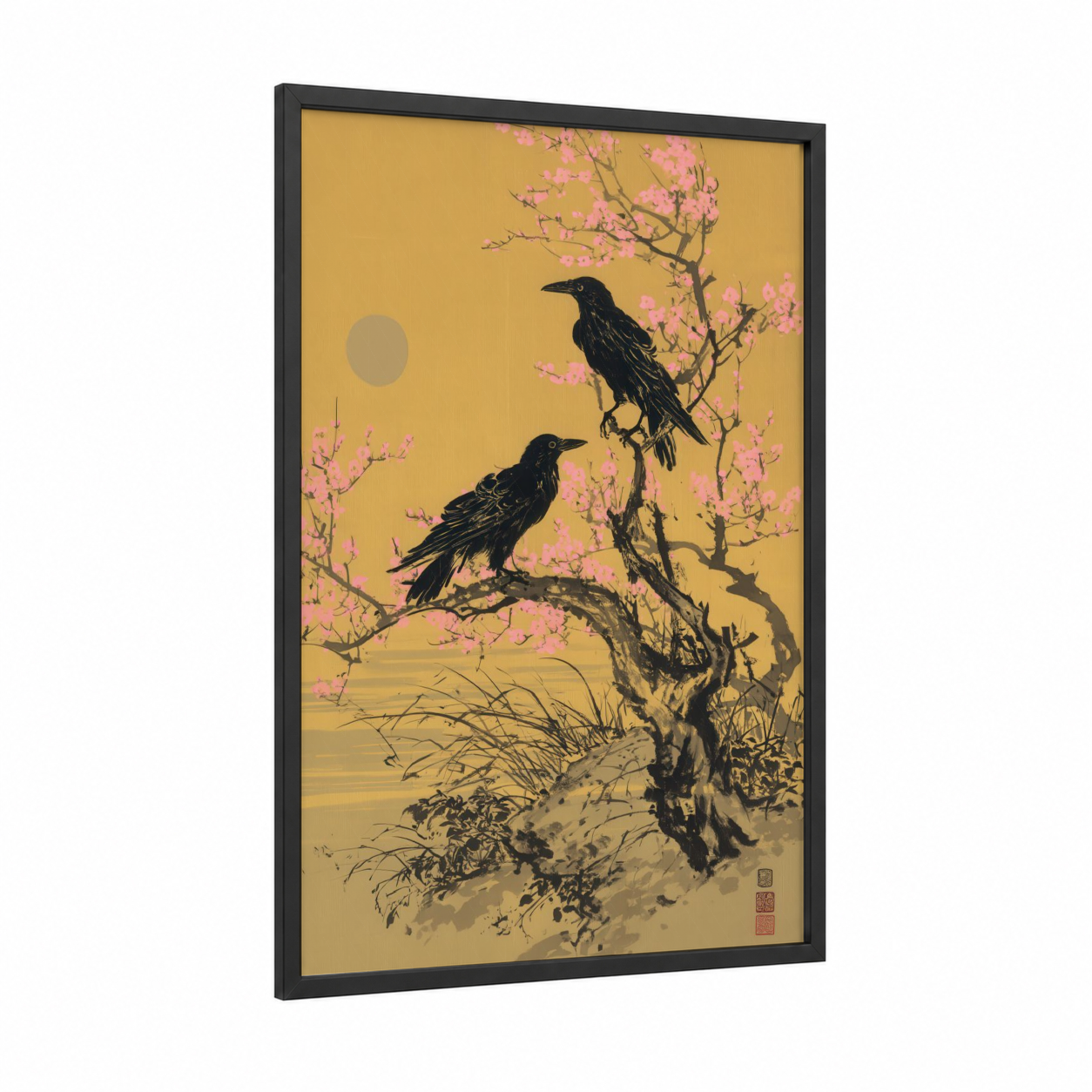 Cherry Blossom Ravens framed crows and ravens print — black wood frame — gold and salmon pink palette