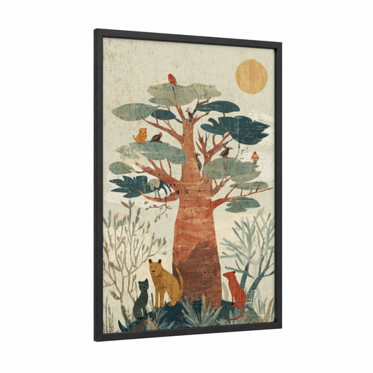 Baobab Forest Sanctuary framed baobab tree print — black wood frame — cream and russet palette