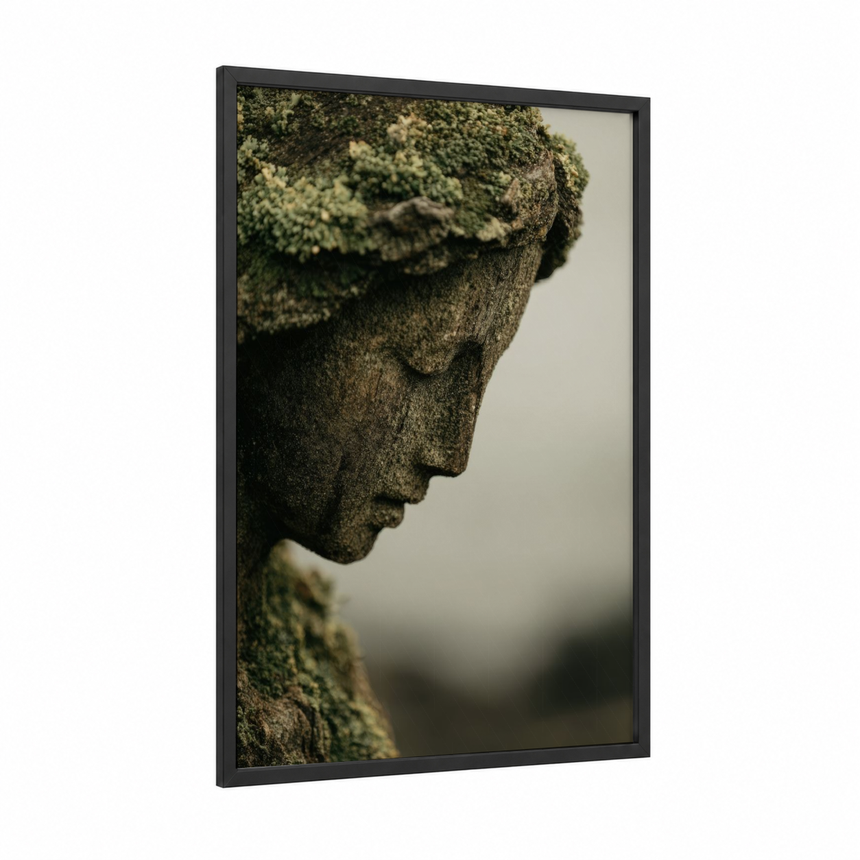 Moss-Covered Stone Head framed old ships print — black wood frame — gray and green palette