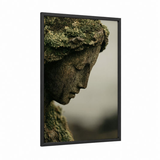 Moss-Covered Stone Head framed old ships print — black wood frame — gray and green palette