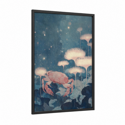 Celestial Cancer framed art print — black wood frame — blue and salmon pink palette