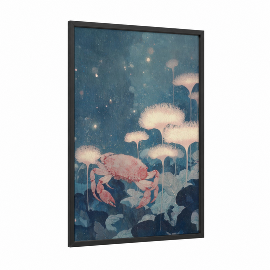 Celestial Cancer framed art print — black wood frame — blue and salmon pink palette