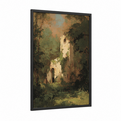Overgrown Castle Ruin framed art print — black wood frame — sage green and gold palette