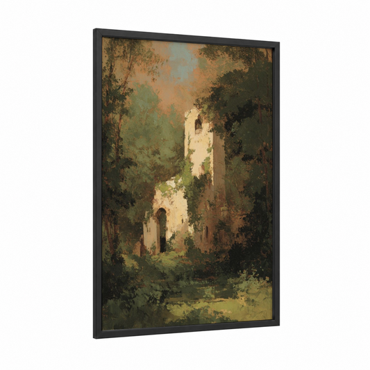 Overgrown Castle Ruin framed art print — black wood frame — sage green and gold palette
