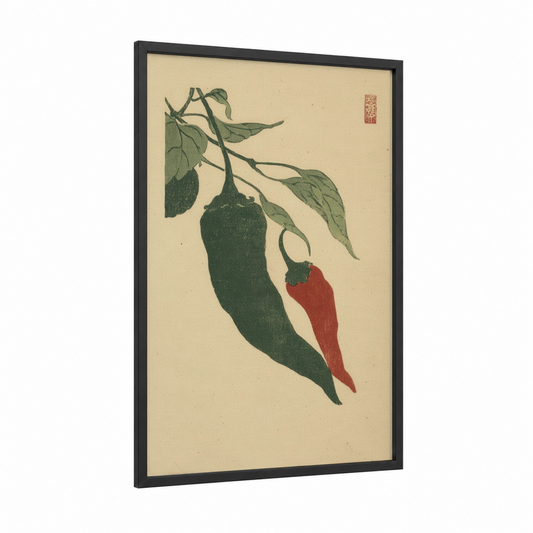 Chili Pepper Study framed vegetable print — black wood frame — dark green and red palette