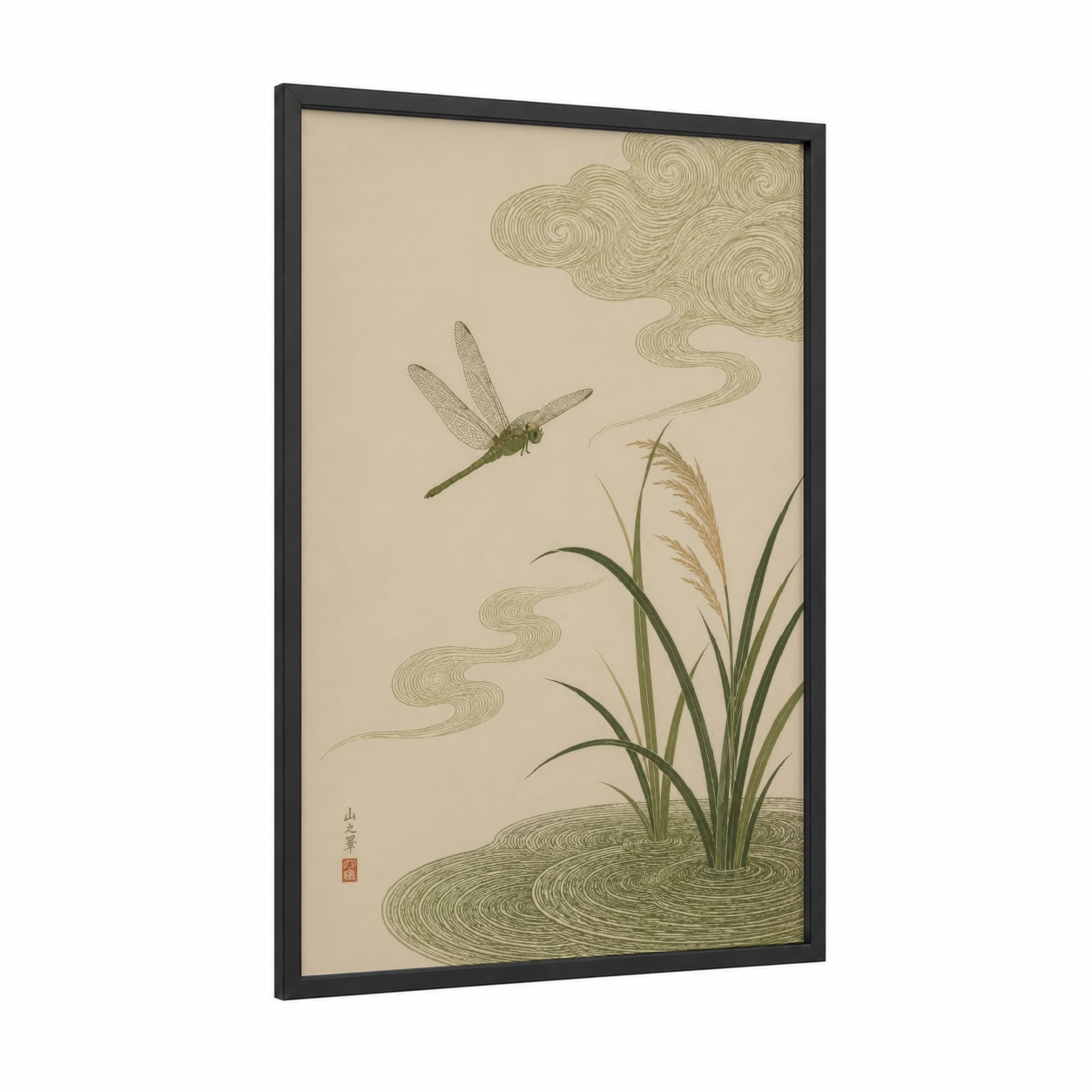 Japanese Dragonfly and Grass Wall Art framed art print — black wood frame — beige and sage green palette