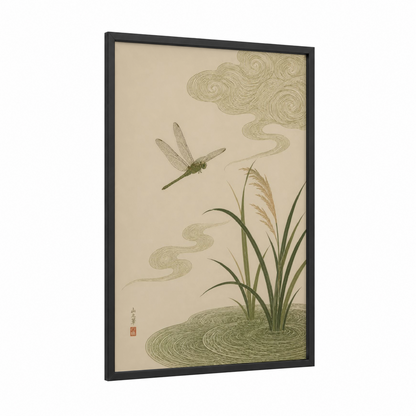 Japanese Dragonfly and Grass Wall Art framed art print — black wood frame — beige and sage green palette