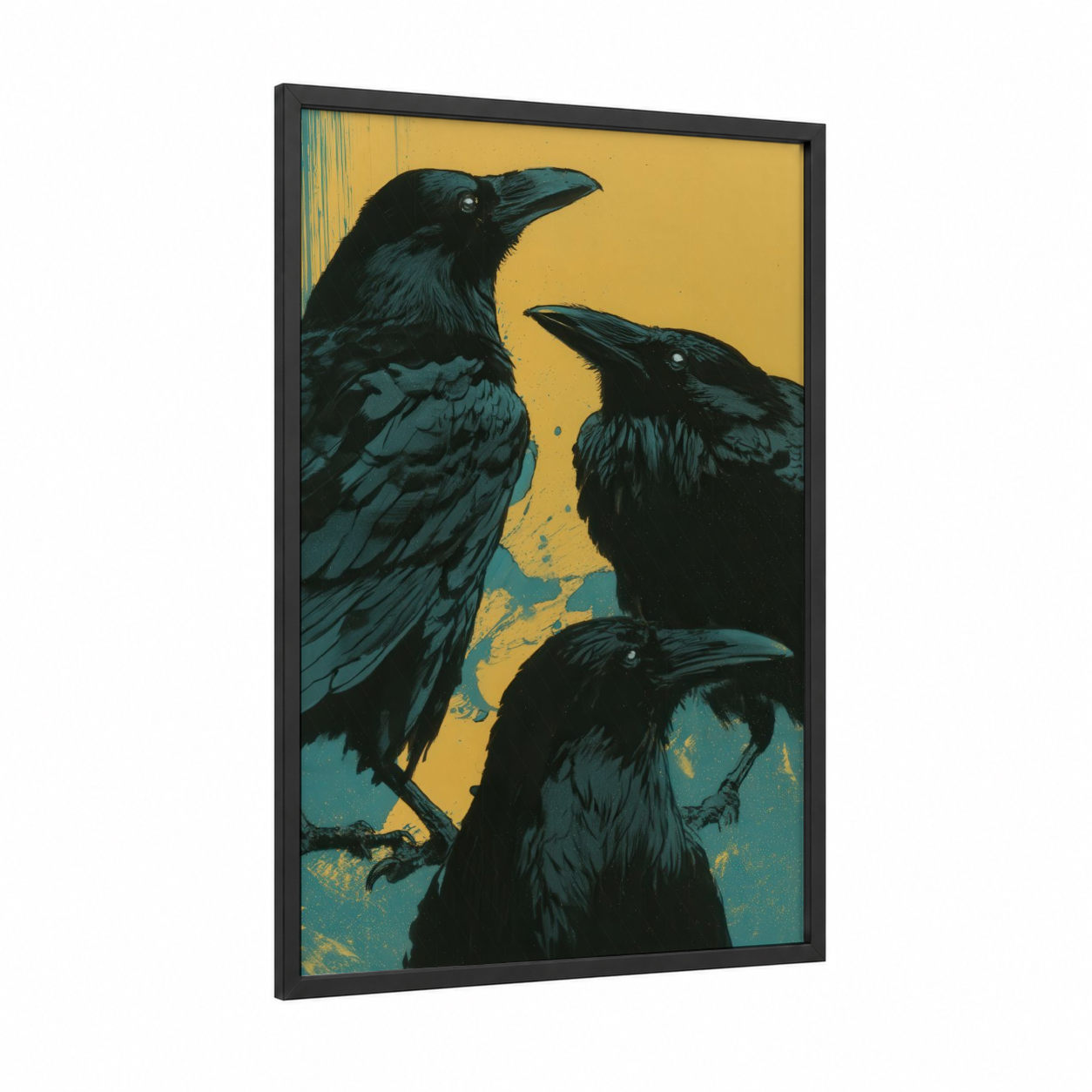 Golden Trio Ravens framed crows and ravens print — black wood frame — gold and teal palette