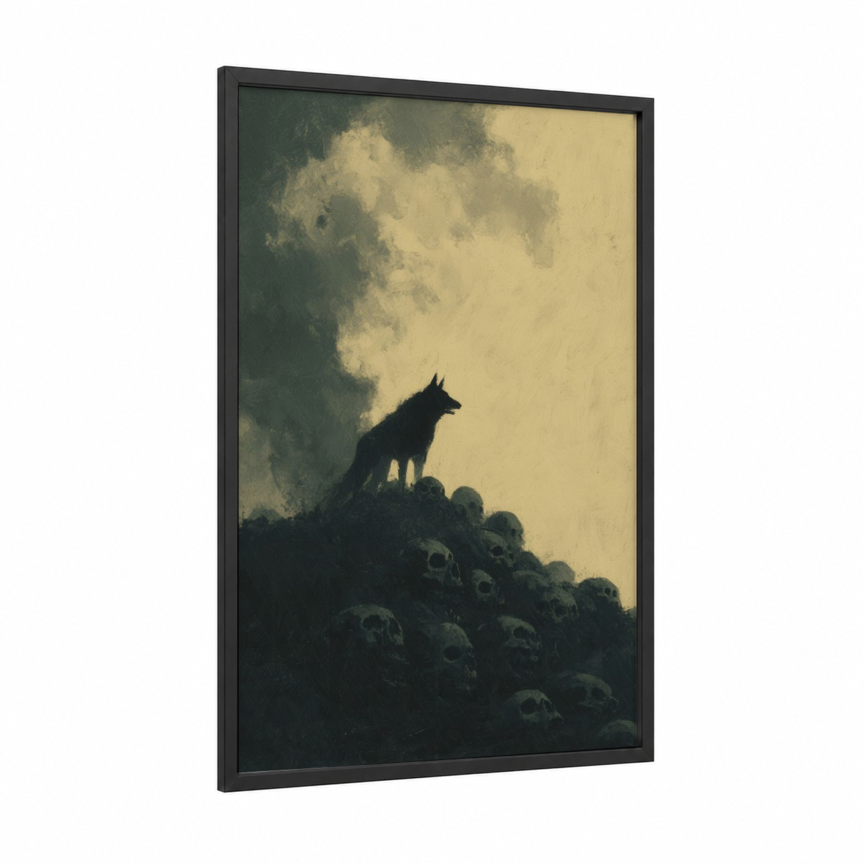 Skull Cerberus framed art print — black wood frame — gray and cream palette