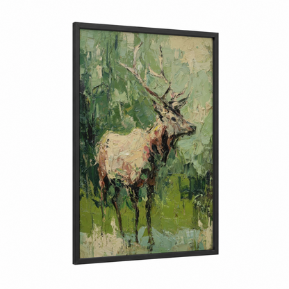 Majestic Elk framed art print — black wood frame — green and beige palette