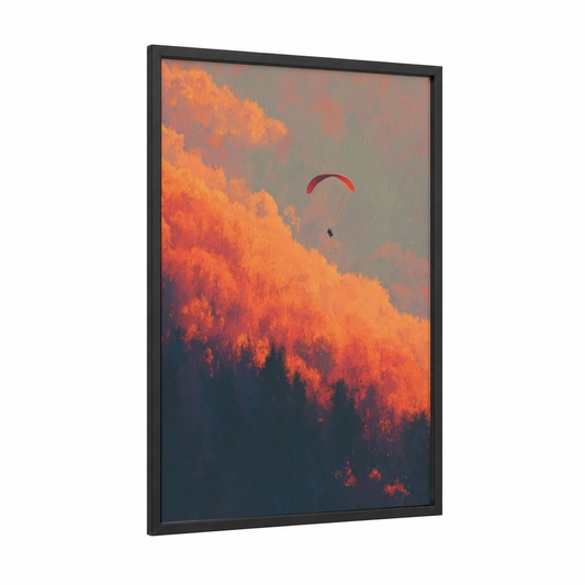Sunset Paraglider framed paragliding print — black wood frame — orange and gold palette