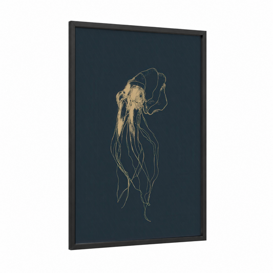 Golden Squid framed art print — black wood frame — gold and dark blue palette