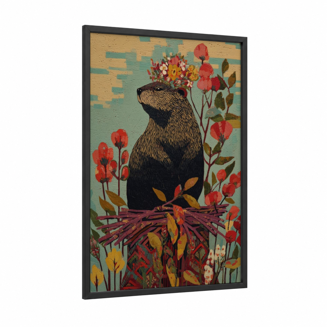 Flower Crown Beaver framed art print — black wood frame — red and turquoise palette