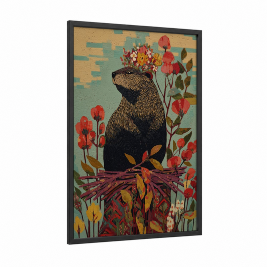 Flower Crown Beaver framed art print — black wood frame — red and turquoise palette