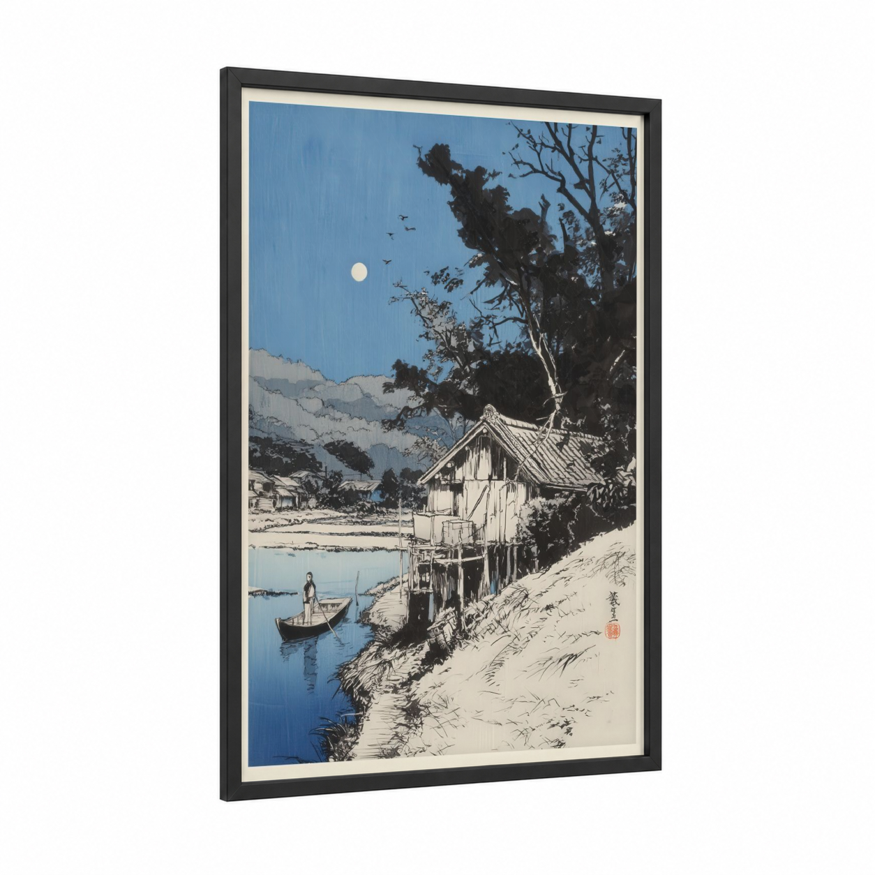 Moonlit Riverside framed various landscapes print — black wood frame — blue and black and white palette