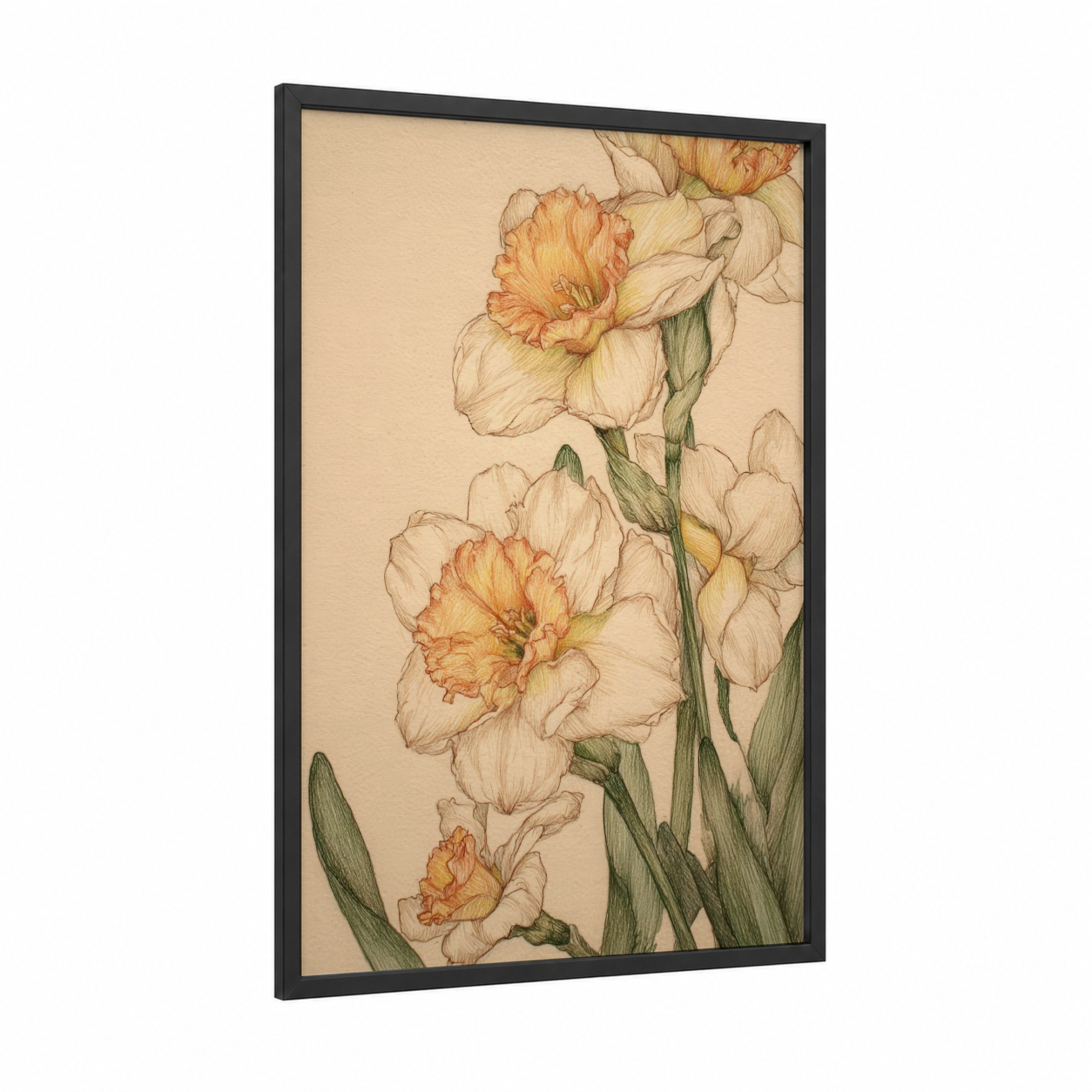 Peachy Daffodils framed art print — black wood frame — cream and peach palette