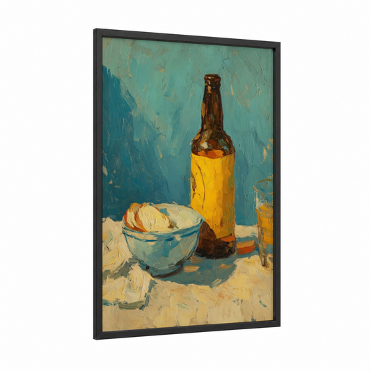 Golden Hour Beer framed art print — black wood frame — teal and gold palette