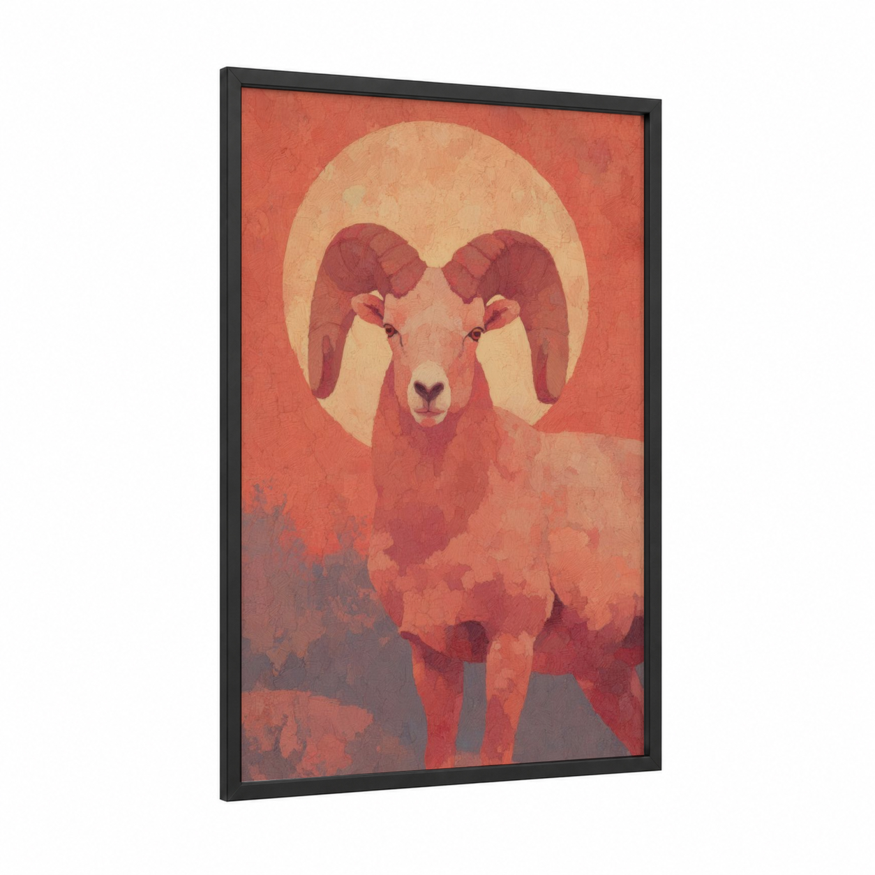 Aries Ram Spirit framed art print — black wood frame — red and gold palette