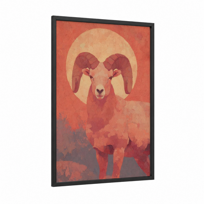Aries Ram Spirit framed art print — black wood frame — red and gold palette