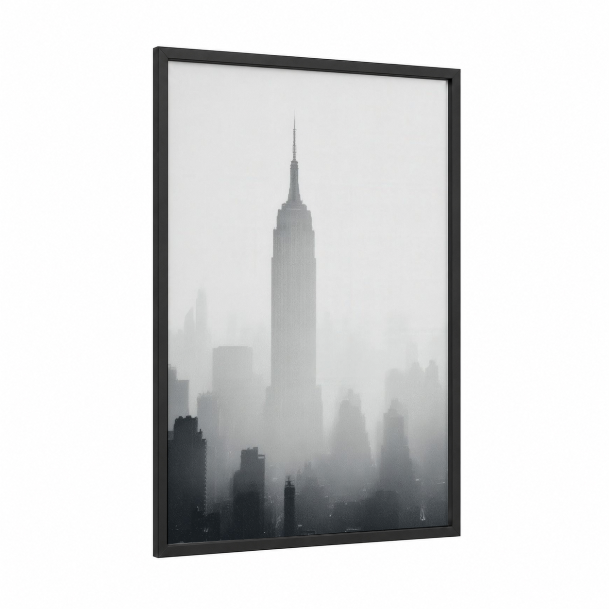 Misty Manhattan framed empire state building print — black wood frame — black and white and gray palette