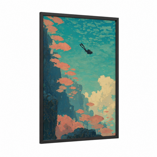 Coral Reef Diver framed diving print — black wood frame — teal and salmon pink palette
