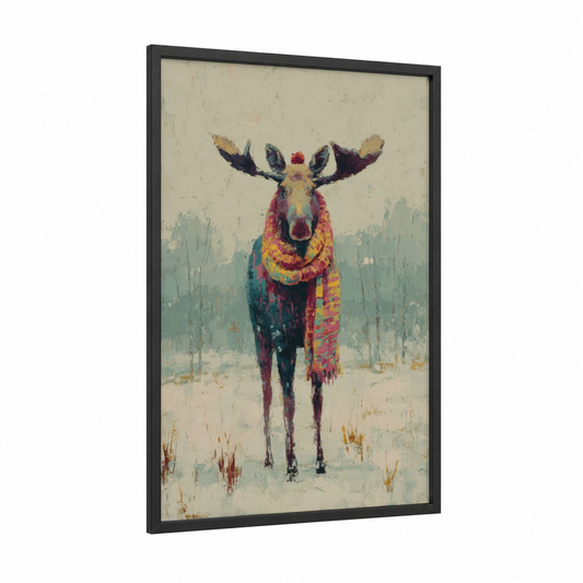 Colorful Moose framed art print — black wood frame — magenta and sage green palette