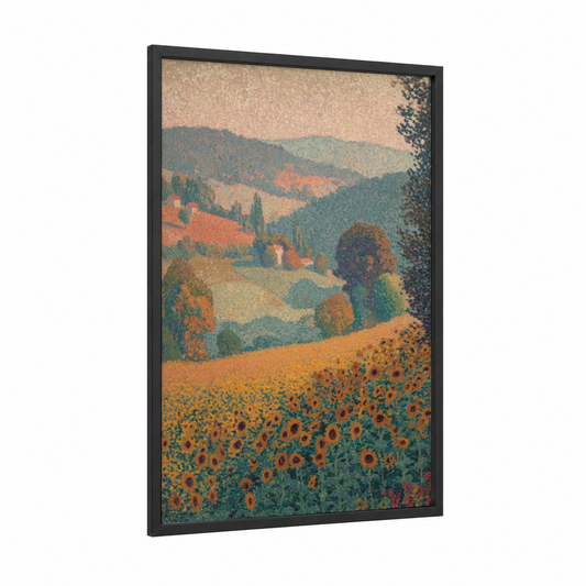 Golden Sunflower Valley framed sunflower field print — black wood frame — gold and true green palette