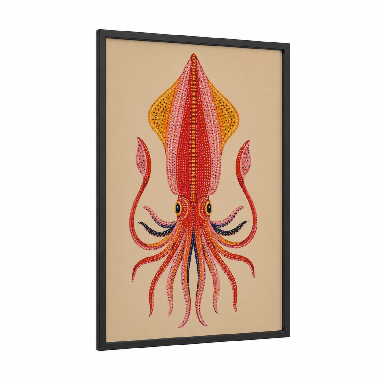 Geometric Squid Illustration Wall Art framed art print — black wood frame — red and peach palette