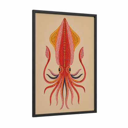 Geometric Squid Illustration Wall Art framed art print — black wood frame — red and peach palette