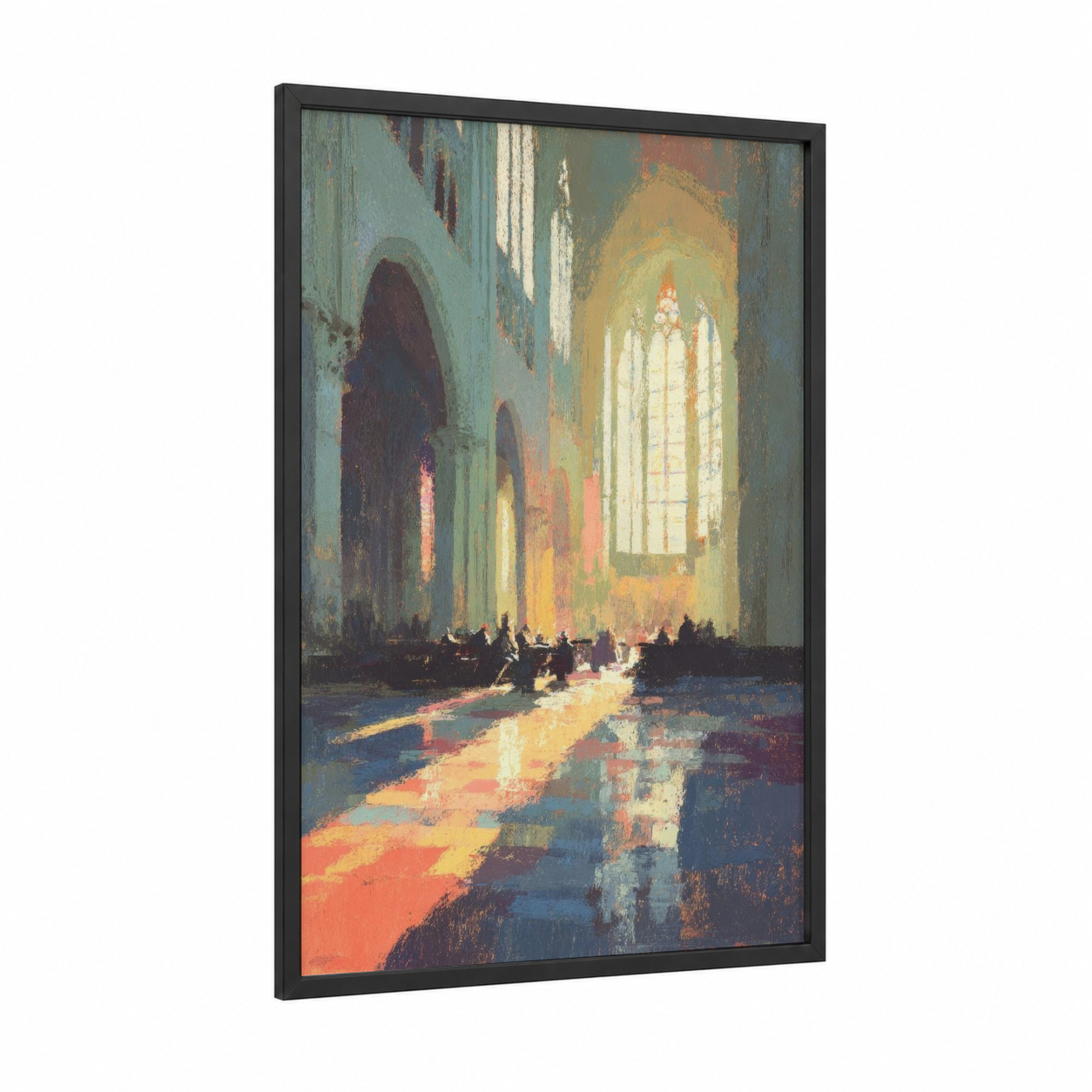 Sacred Light Monastery framed art print — black wood frame — gold and teal palette