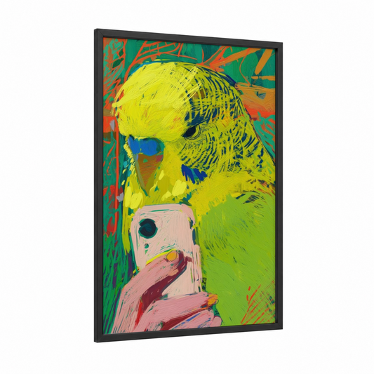 Yellow Budgie Portrait framed budgeridar print — black wood frame — yellow and teal palette