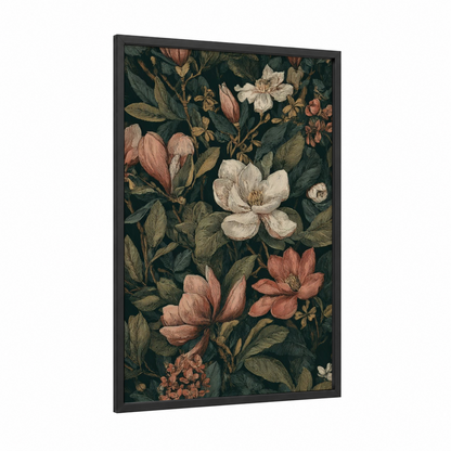 Spring Magnolia Garden framed art print — black wood frame — dark green and peach palette