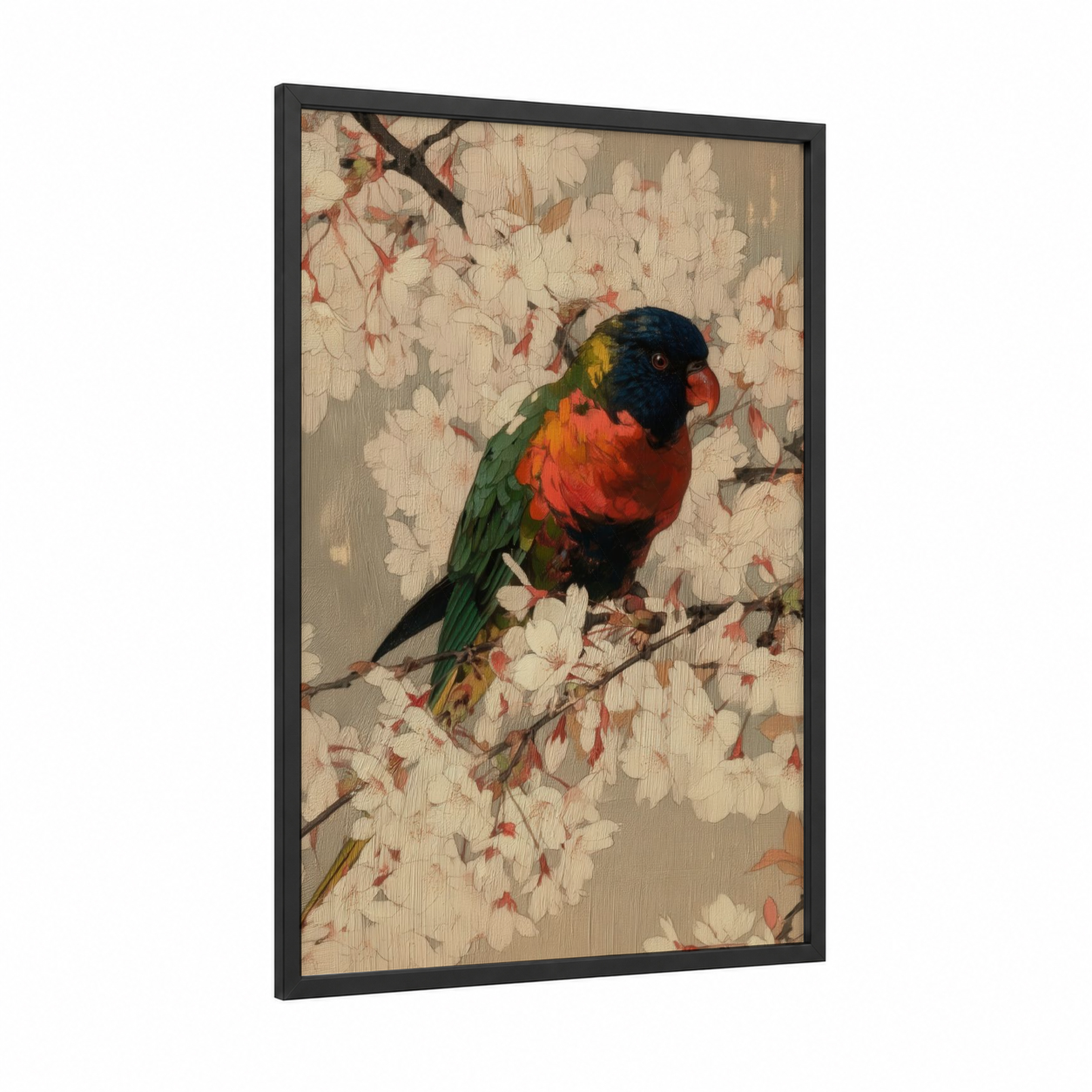 Blossom Lorikeet framed rainbow lorikeet print — black wood frame — cream and rose gold palette