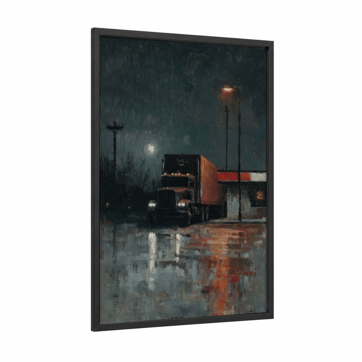 Rainy Night Truck framed art print — black wood frame — gray and russet palette