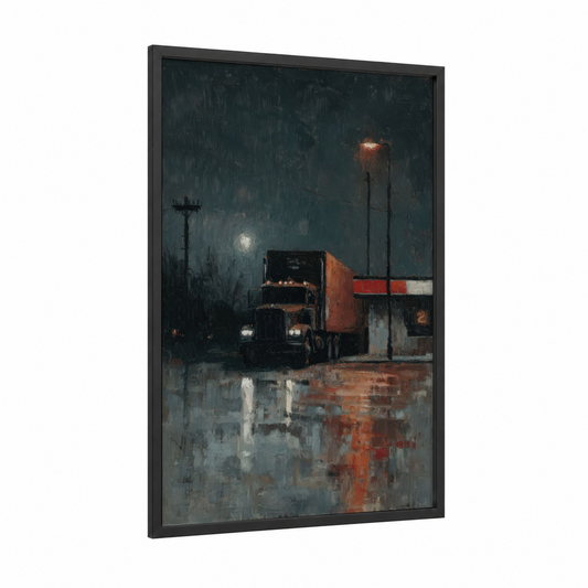 Rainy Night Truck framed art print — black wood frame — gray and russet palette