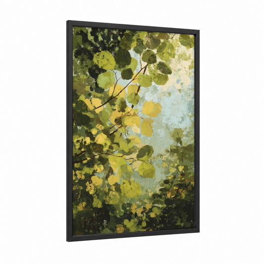 Sunlit Aspen Leaves framed leaf print — black wood frame — yellow gold and green palette