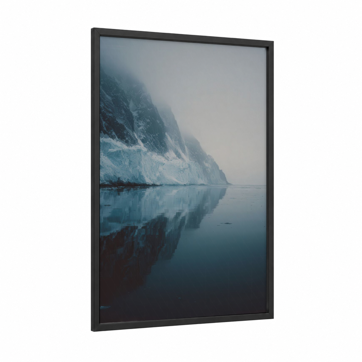 Misty Glacier Reflection framed art print — black wood frame — blue and white and dove gray palette