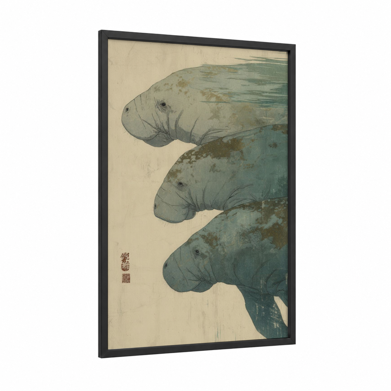 Tranquil Manatee Trio framed manatees print — black wood frame — teal and cream palette