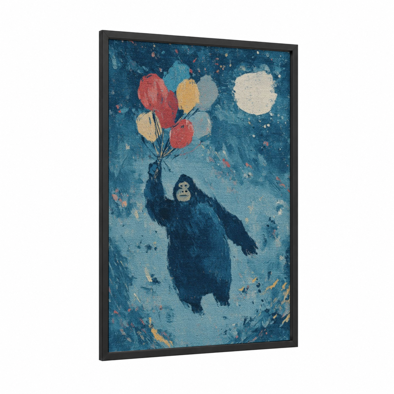 Dreaming Gorilla framed art print — black wood frame — blue and salmon pink palette