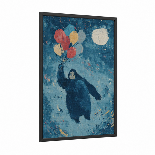Dreaming Gorilla framed art print — black wood frame — blue and salmon pink palette
