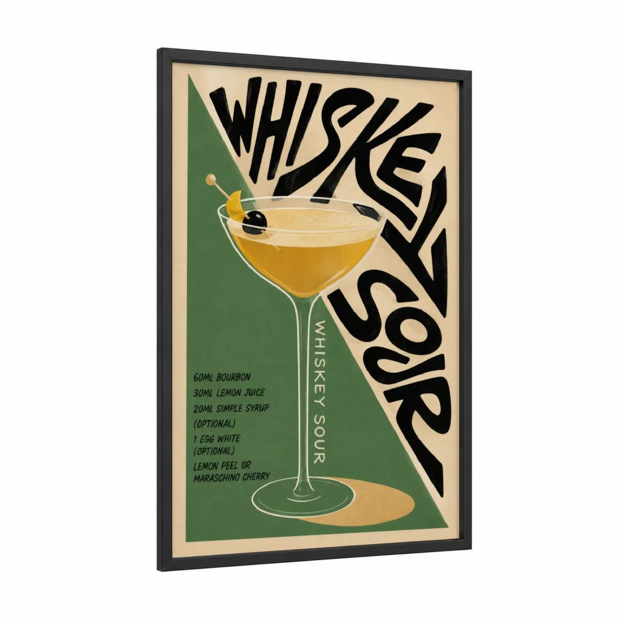 Whiskey Sour Cocktail Recipe Wall Art framed art print — black wood frame — cream and true green palette