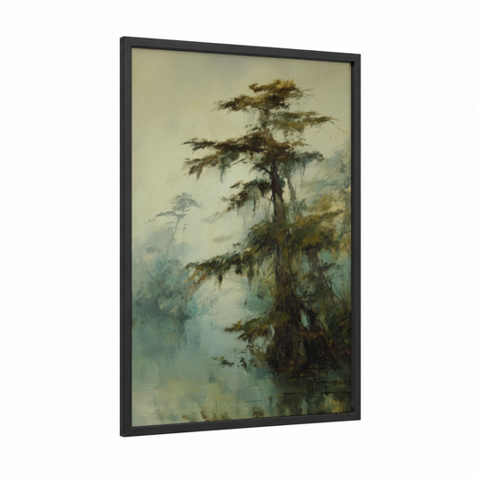 Misty Cedar framed cedar tree print — black wood frame — sage green and cream palette