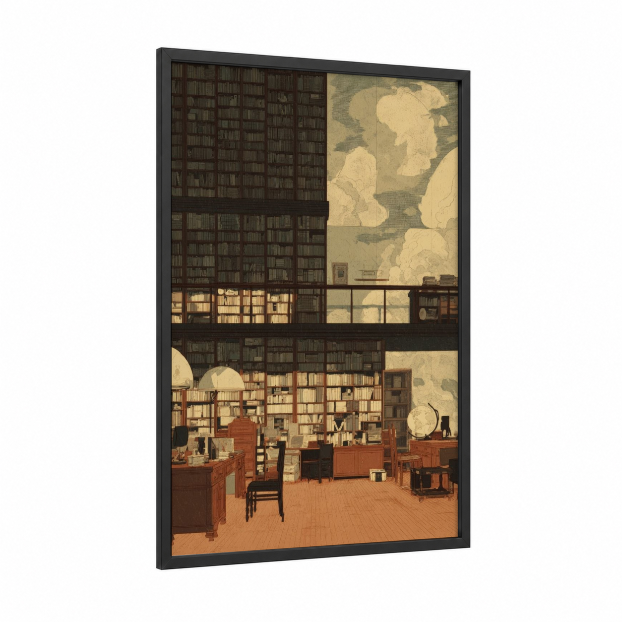 Vintage Library Study framed art print — black wood frame — cream and dove gray palette